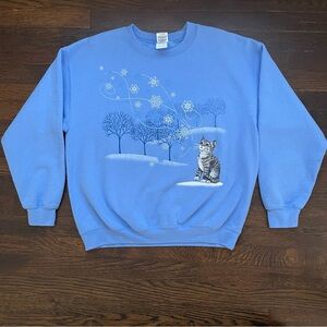 Vintage Blue Crewneck Sweatshirt Winter Cat Size Large